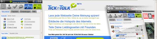 TICKnTALK Webseite mit geöffneter Sidebar (linker Rand)